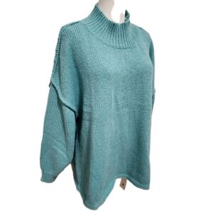 Women's Mock Neck Sweater Oversized Knit Luxury Jumper Casual Turquoise Size S